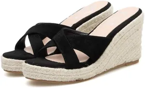MIOKE Women's Espadrille Wedge Sandals Crisscross Open Toe Suede Slip On Casual Chunky Platform Sandal