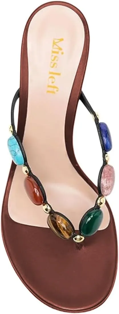 miss left Women Jewelled Open Toe Flip Flops Sexy Thin High Heel Slip on Thong Sandals Comfy Summer Party Shoes Size 4-16 US