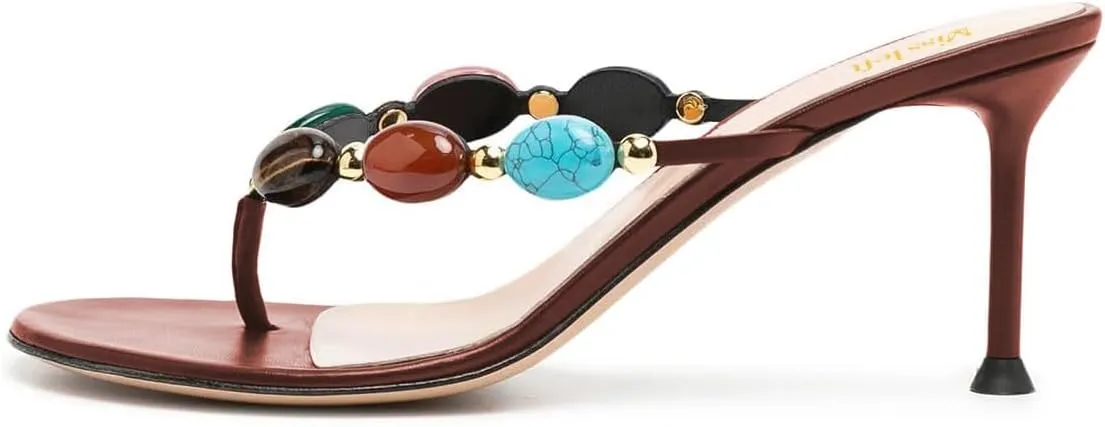 miss left Women Jewelled Open Toe Flip Flops Sexy Thin High Heel Slip on Thong Sandals Comfy Summer Party Shoes Size 4-16 US