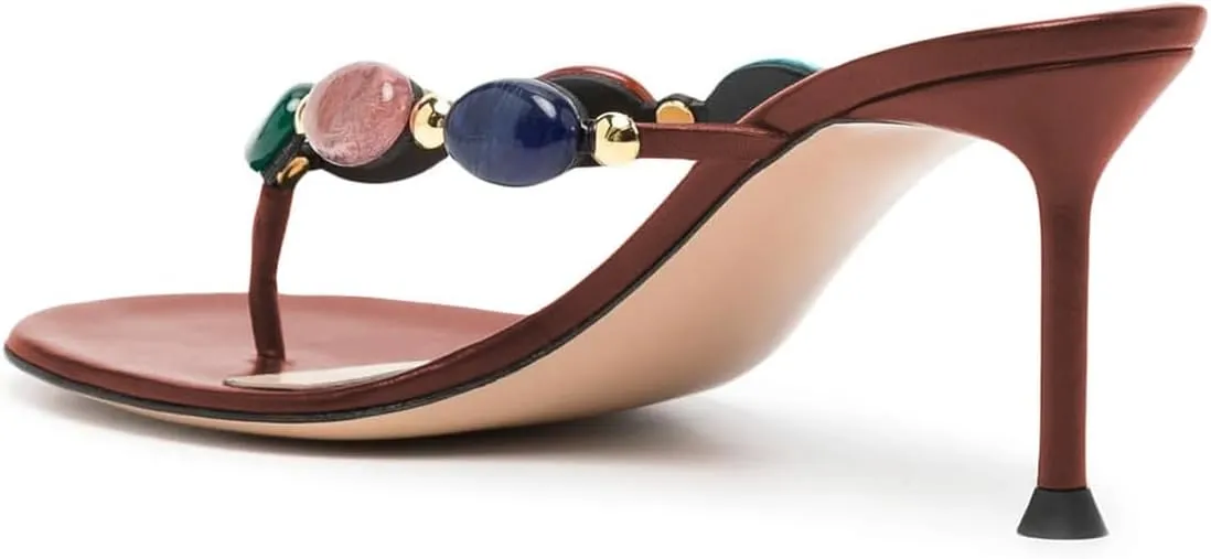 miss left Women Jewelled Open Toe Flip Flops Sexy Thin High Heel Slip on Thong Sandals Comfy Summer Party Shoes Size 4-16 US