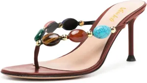 miss left Women Jewelled Open Toe Flip Flops Sexy Thin High Heel Slip on Thong Sandals Comfy Summer Party Shoes Size 4-16 US