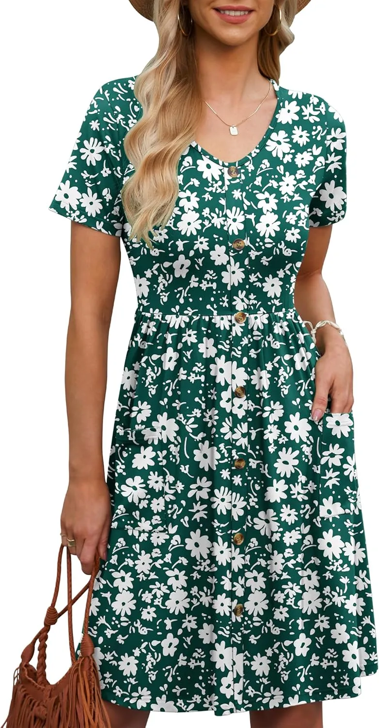 MOLERANI Women Summer Casual Short Sleeve V Neck Dresses Button Down Sundress Beach Vacation with Pockets Travel Outfits