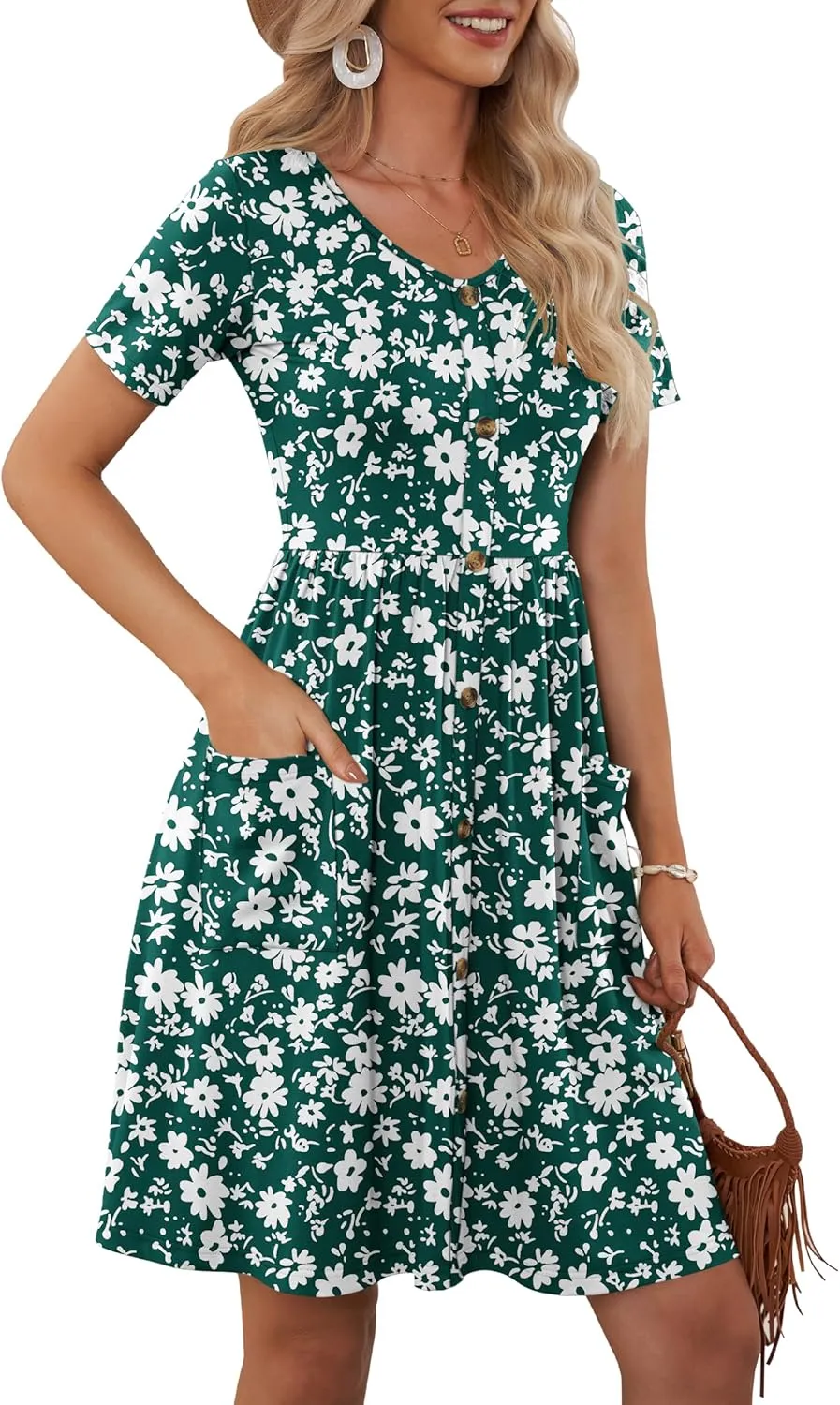 MOLERANI Women Summer Casual Short Sleeve V Neck Dresses Button Down Sundress Beach Vacation with Pockets Travel Outfits