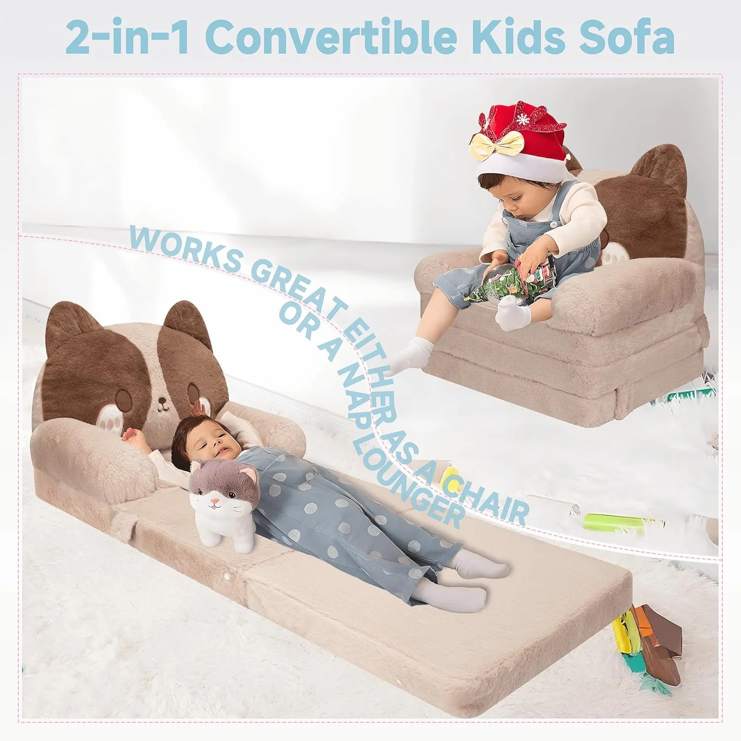 MONKISS Kids Couch, Comfy Toddler Chair, 2 in 1 Fold Out Kids Sofa to Lounger, Baby Sleeper Chair, Toddler Furniture, Birthday Gifts for Boys and Girls, 18  Months, Cute Dog
