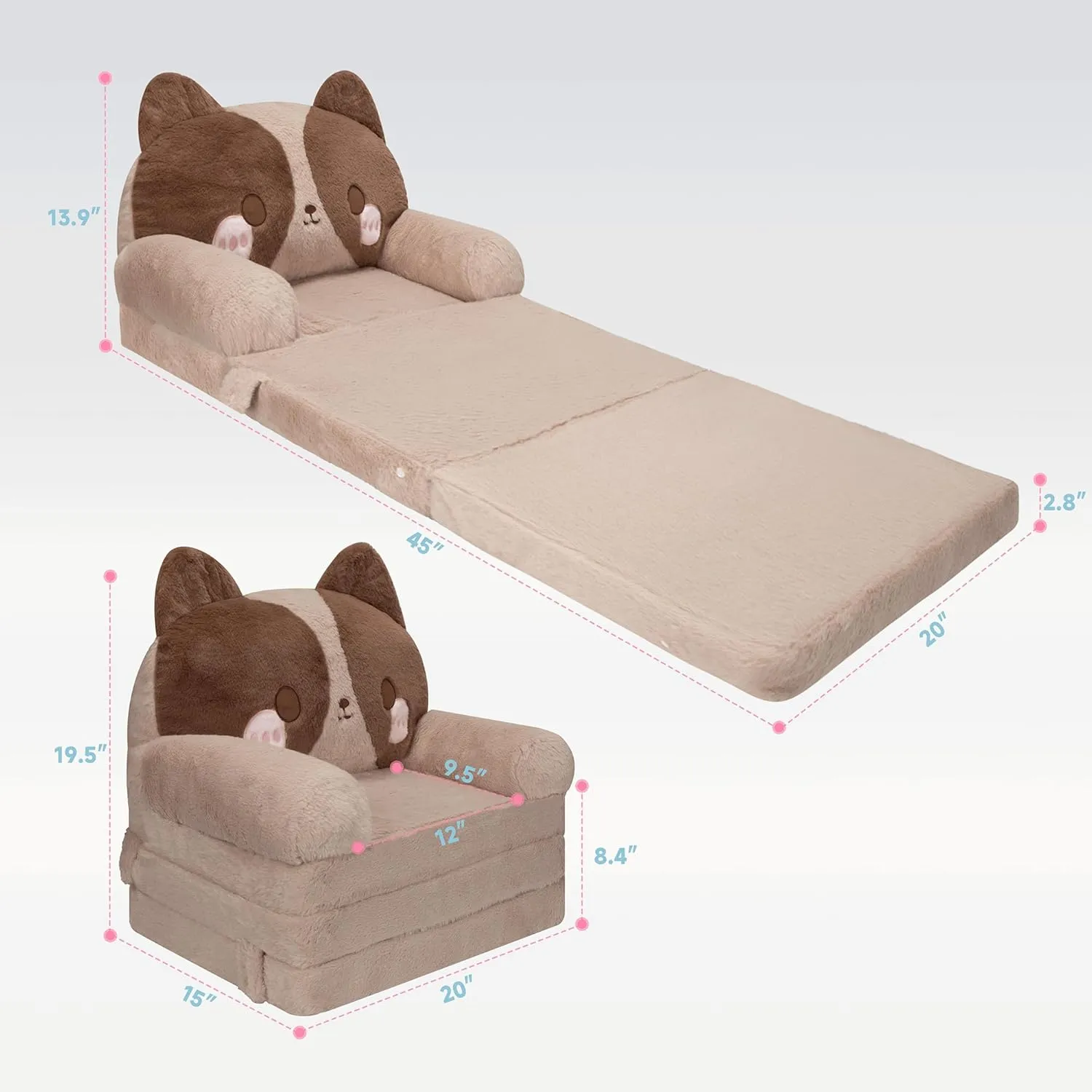 MONKISS Kids Couch, Comfy Toddler Chair, 2 in 1 Fold Out Kids Sofa to Lounger, Baby Sleeper Chair, Toddler Furniture, Birthday Gifts for Boys and Girls, 18  Months, Cute Dog