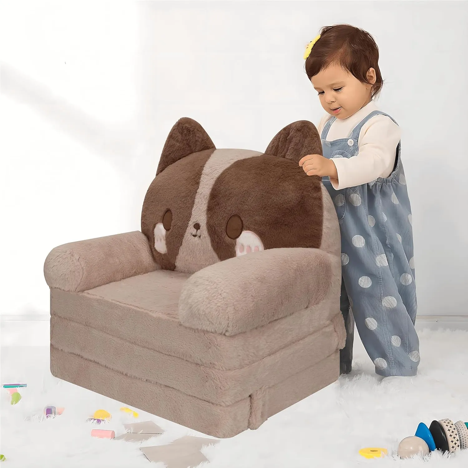 MONKISS Kids Couch, Comfy Toddler Chair, 2 in 1 Fold Out Kids Sofa to Lounger, Baby Sleeper Chair, Toddler Furniture, Birthday Gifts for Boys and Girls, 18  Months, Cute Dog