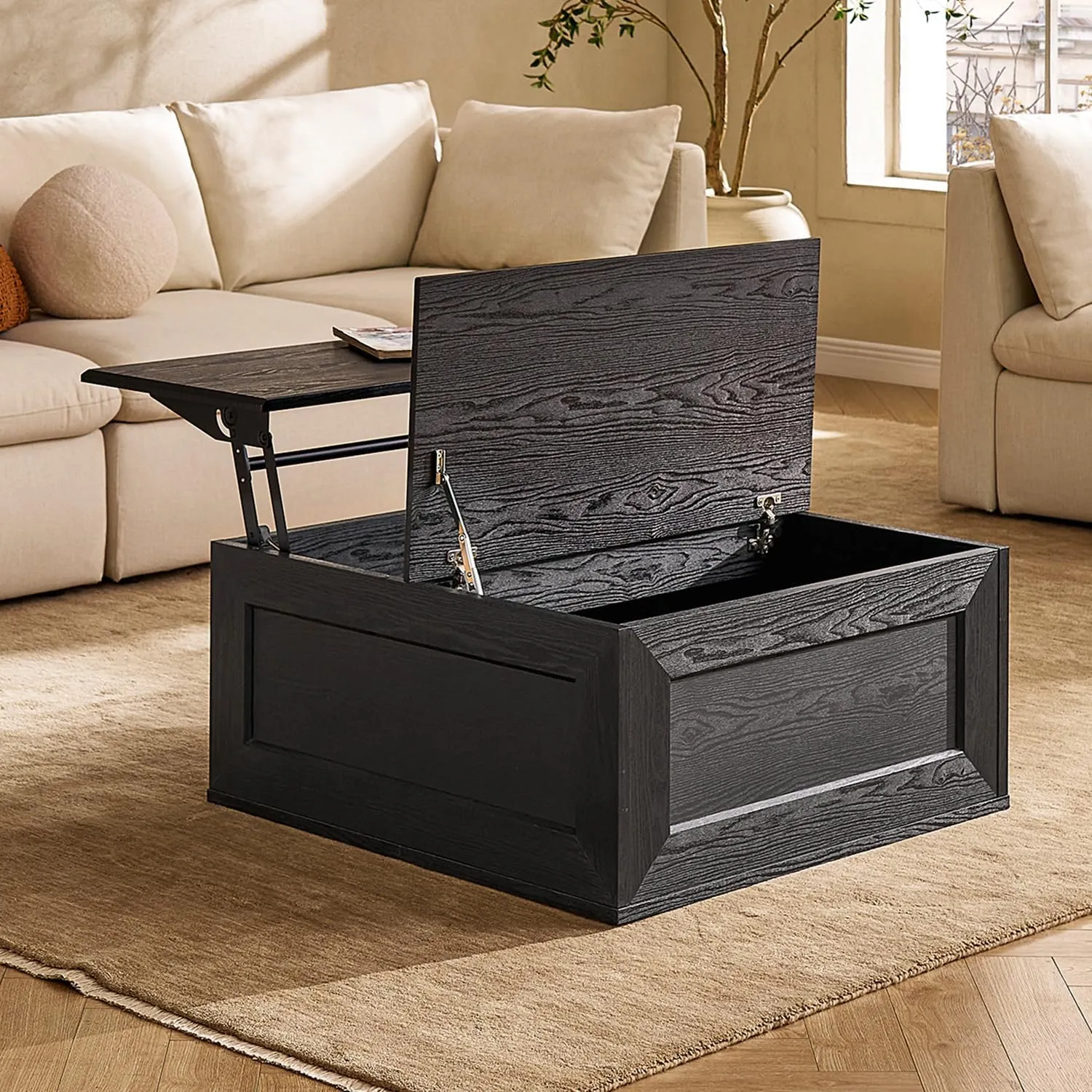 mopio Blake Lift Top Coffee Table with Storage, Modern Farmhouse Square Wood Center Coffee Table with Easy Lifting Top, Chamfered Edge & Soft Closing (Black Oak)