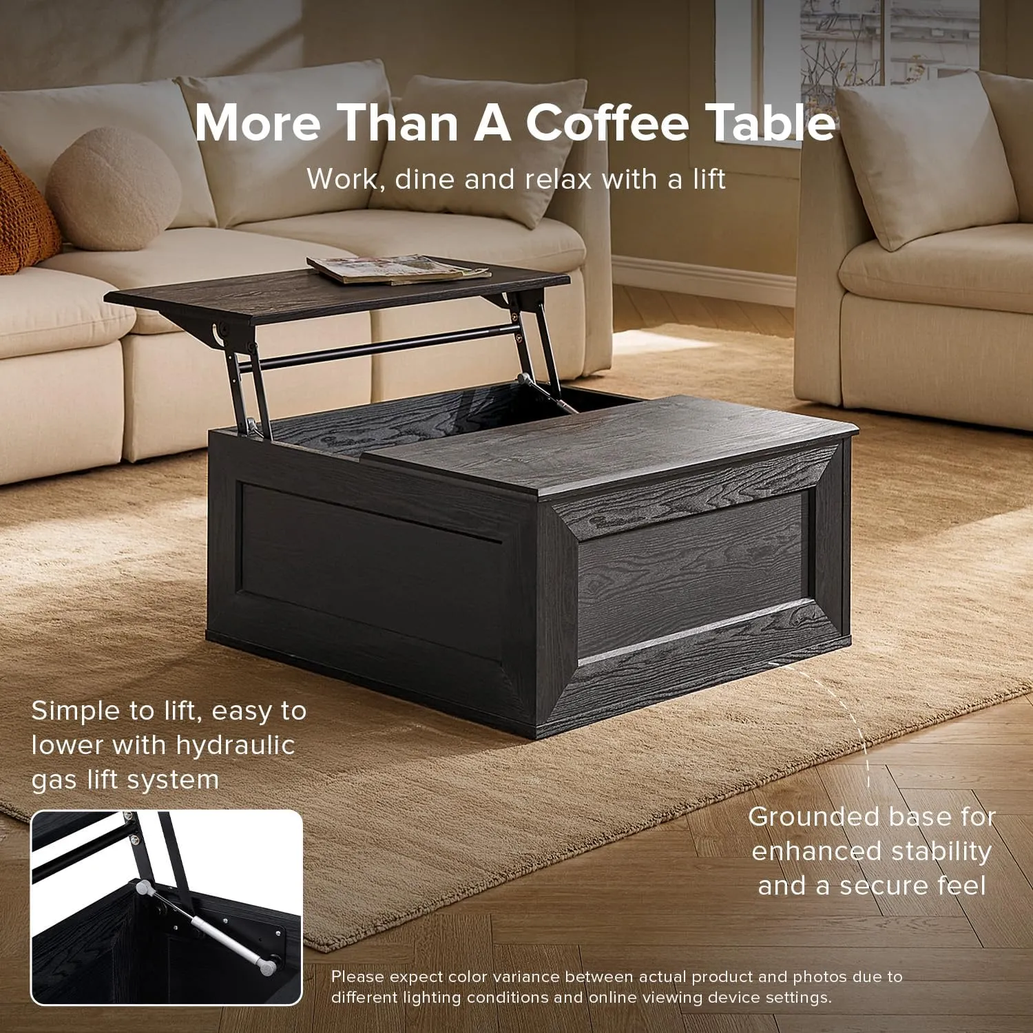 mopio Blake Lift Top Coffee Table with Storage, Modern Farmhouse Square Wood Center Coffee Table with Easy Lifting Top, Chamfered Edge & Soft Closing (Black Oak)