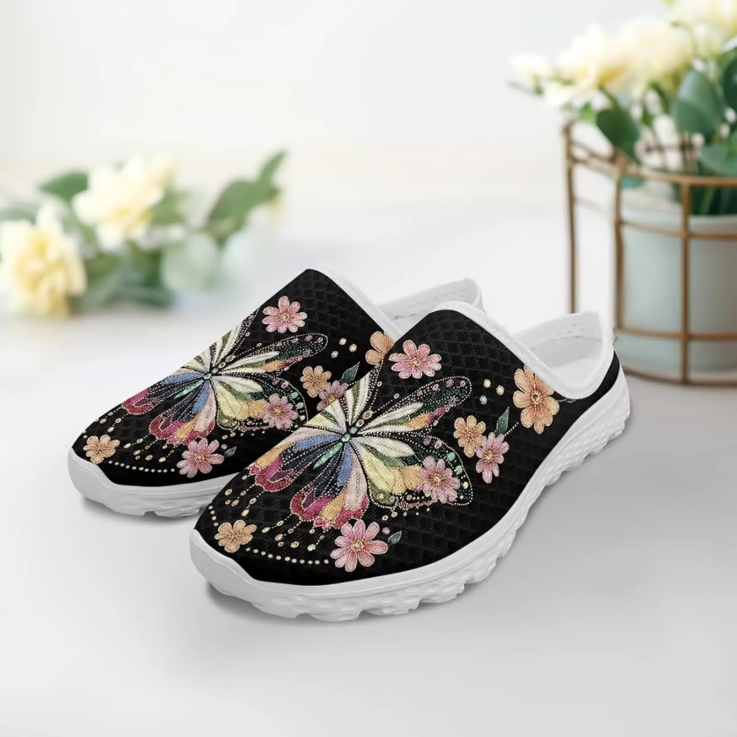 Mule Shoes for Women Summer Novelty Butterfly Outdoor Non-Slip Sneakers Hand Free Garden Walking Shoes Slip On