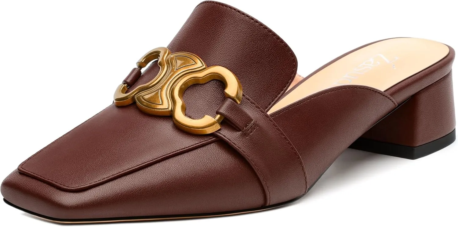 Mules Shoes for Women, Women's Chunky Mules Square Toe Slip on Comfortable Dress Casual Low Heel Metal Buckle Backless Slides Loafer Shoes 1.4 Inch