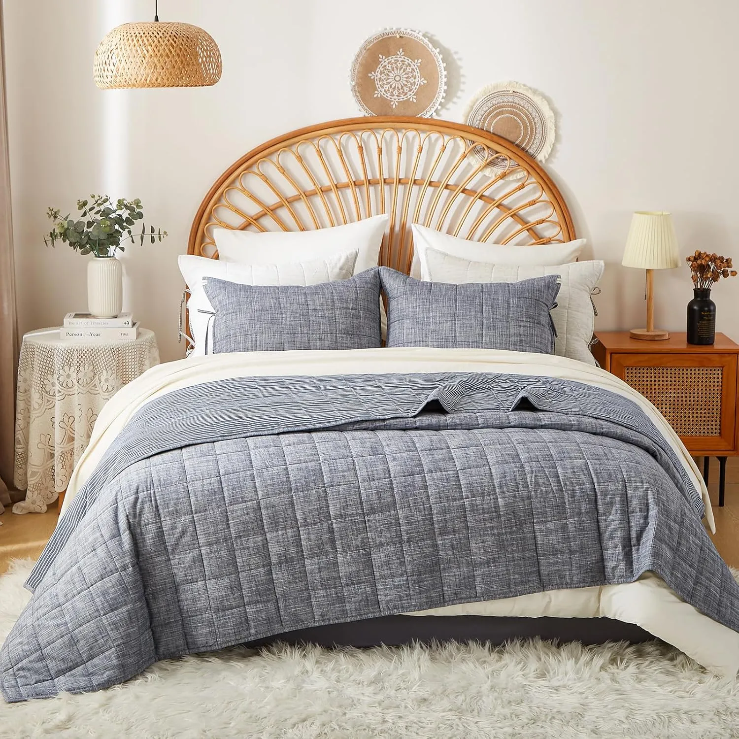 Navy Quilts Twin Quilt， Cotton Twin Quilt Bedding Set，2-Pieces Quilted Bed Spread with Blue Stripe Coverlet Light Weight Navy Bedspread with 1 Pillow Sham
