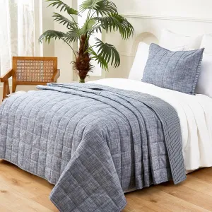 Navy Quilts Twin Quilt， Cotton Twin Quilt Bedding Set，2-Pieces Quilted Bed Spread with Blue Stripe Coverlet Light Weight Navy Bedspread with 1 Pillow Sham
