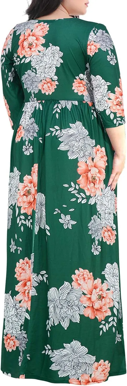 Nemidor Womens Casual V-Neck 3/4 Sleeve Plus Size Long Maxi Dress with Pockets NEM170