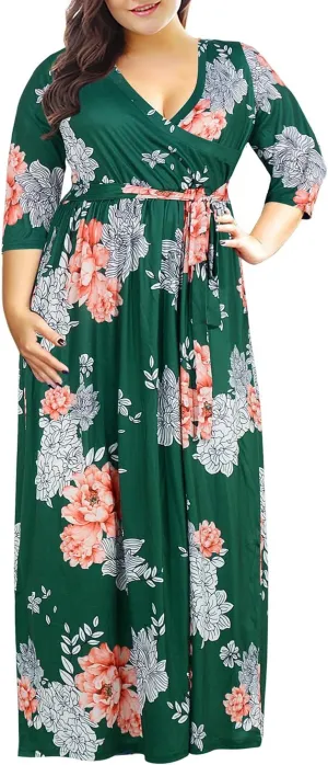 Nemidor Womens Casual V-Neck 3/4 Sleeve Plus Size Long Maxi Dress with Pockets NEM170