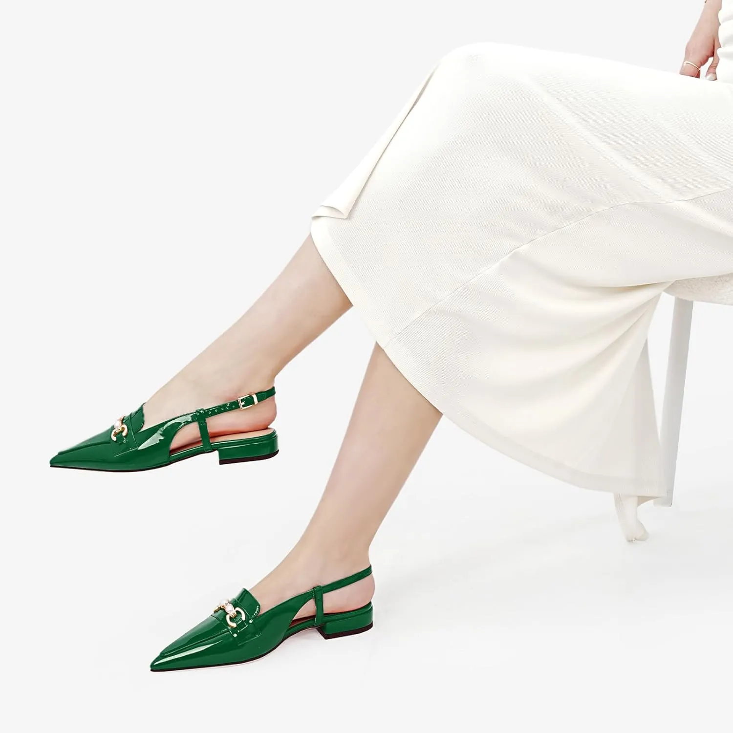 Oh Mispares Slingback Flats for Women Closed Pointed Toe Low Heel Flat Sandals with Pearl Slip On Gold Flats Shoes for Women Wedding Office Causal