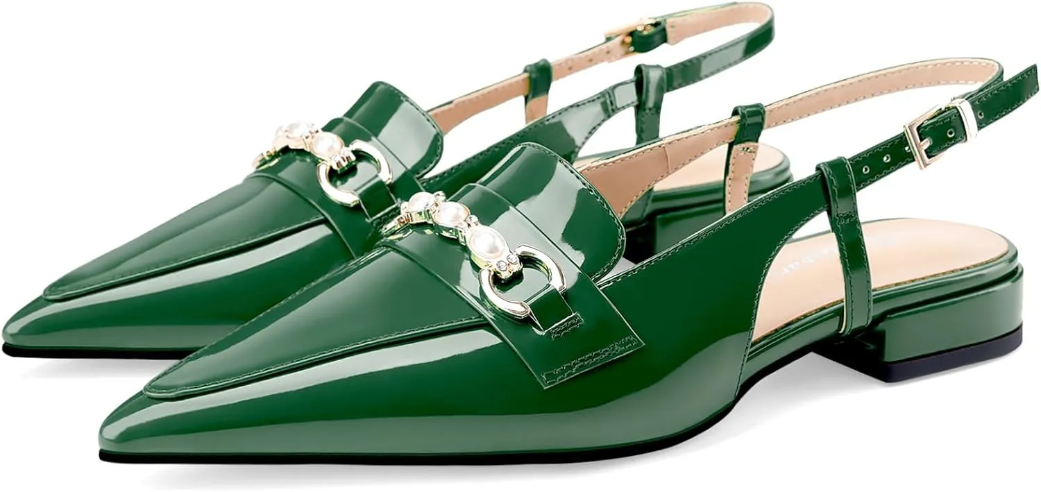 Oh Mispares Slingback Flats for Women Closed Pointed Toe Low Heel Flat Sandals with Pearl Slip On Gold Flats Shoes for Women Wedding Office Causal