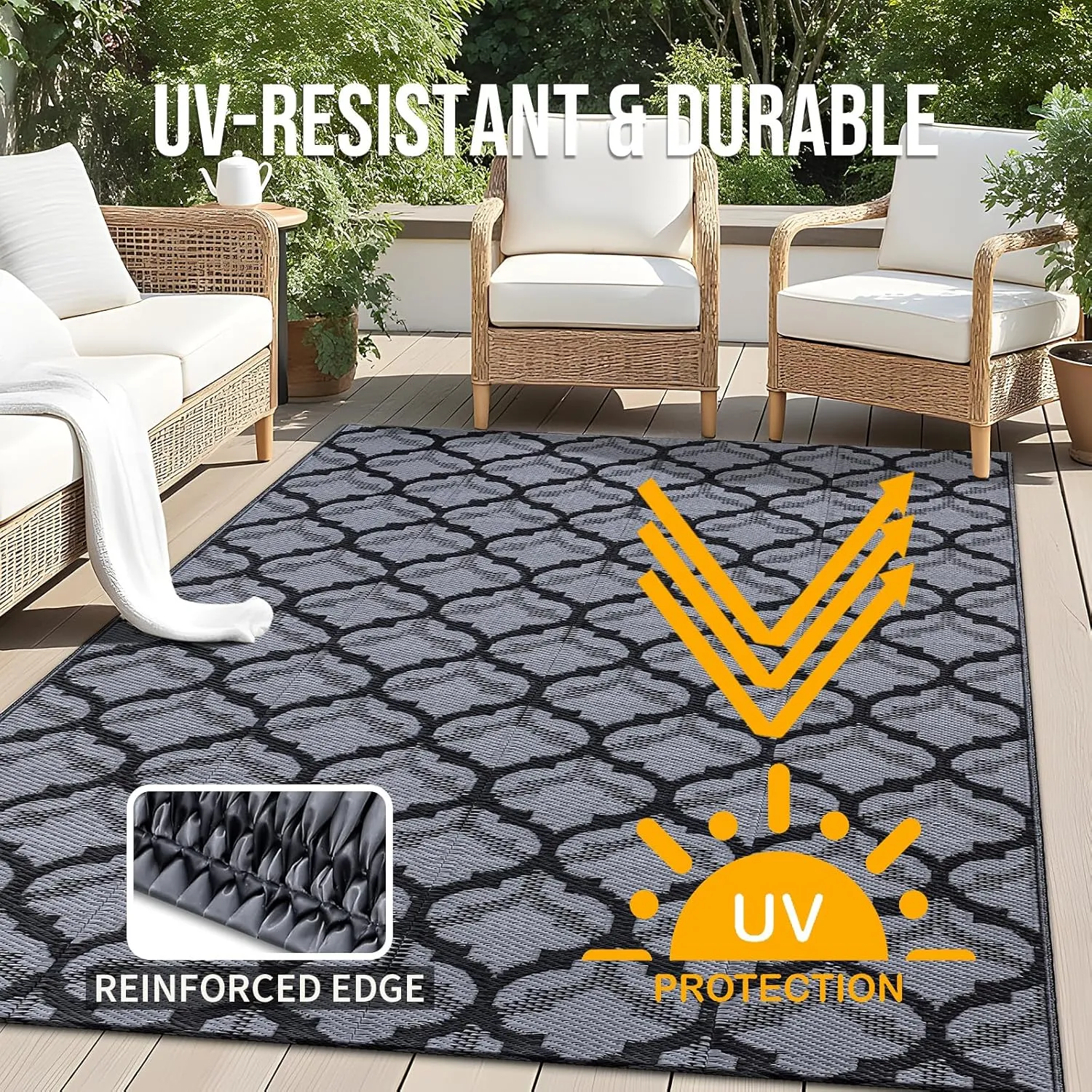OLANLY Reversible Outdoor Rug 5x8 ft Clearance, Waterproof Outdoor Plastic Straw Rug with Interlacing Pattern, RV Mat for Patio, Camping, Balcony, Deck, Backyard, Black & Grey