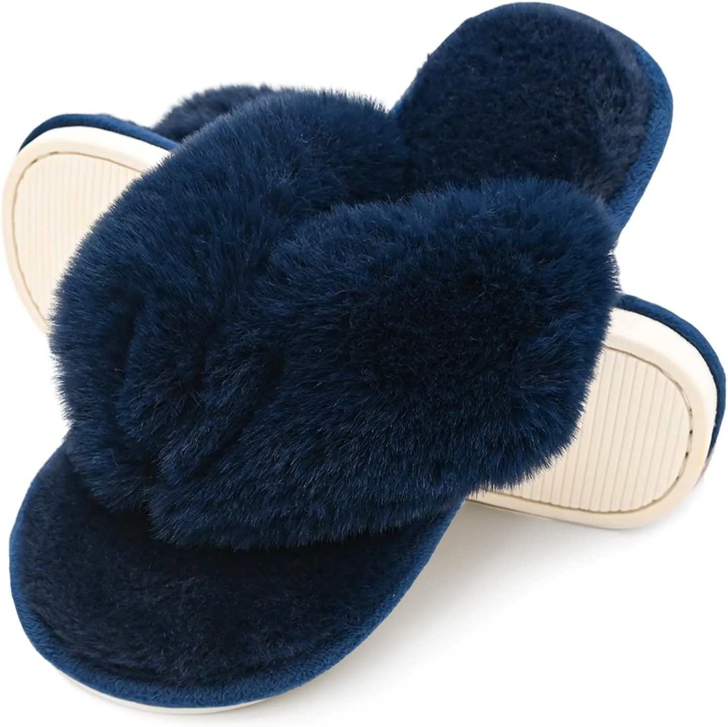 Onmygogo Plush Indoor Flip Flop Thong Slippers for Women Open Toe, Fuzzy Faux Fur Spa House Slippers