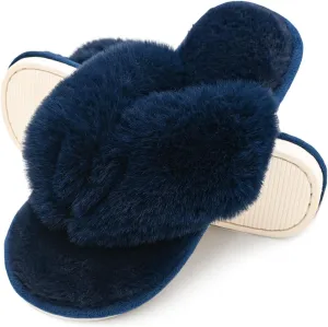 Onmygogo Plush Indoor Flip Flop Thong Slippers for Women Open Toe, Fuzzy Faux Fur Spa House Slippers