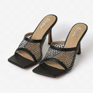 Open Balenc Toe Square Fishnet Heeled Koop LuxeModa Stiletto Black Mule Attractive Full assortment Slide