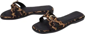 OYOANGLE Women's Leopard Print Flat Sandals Criss Cross Band Retro Casual Slides