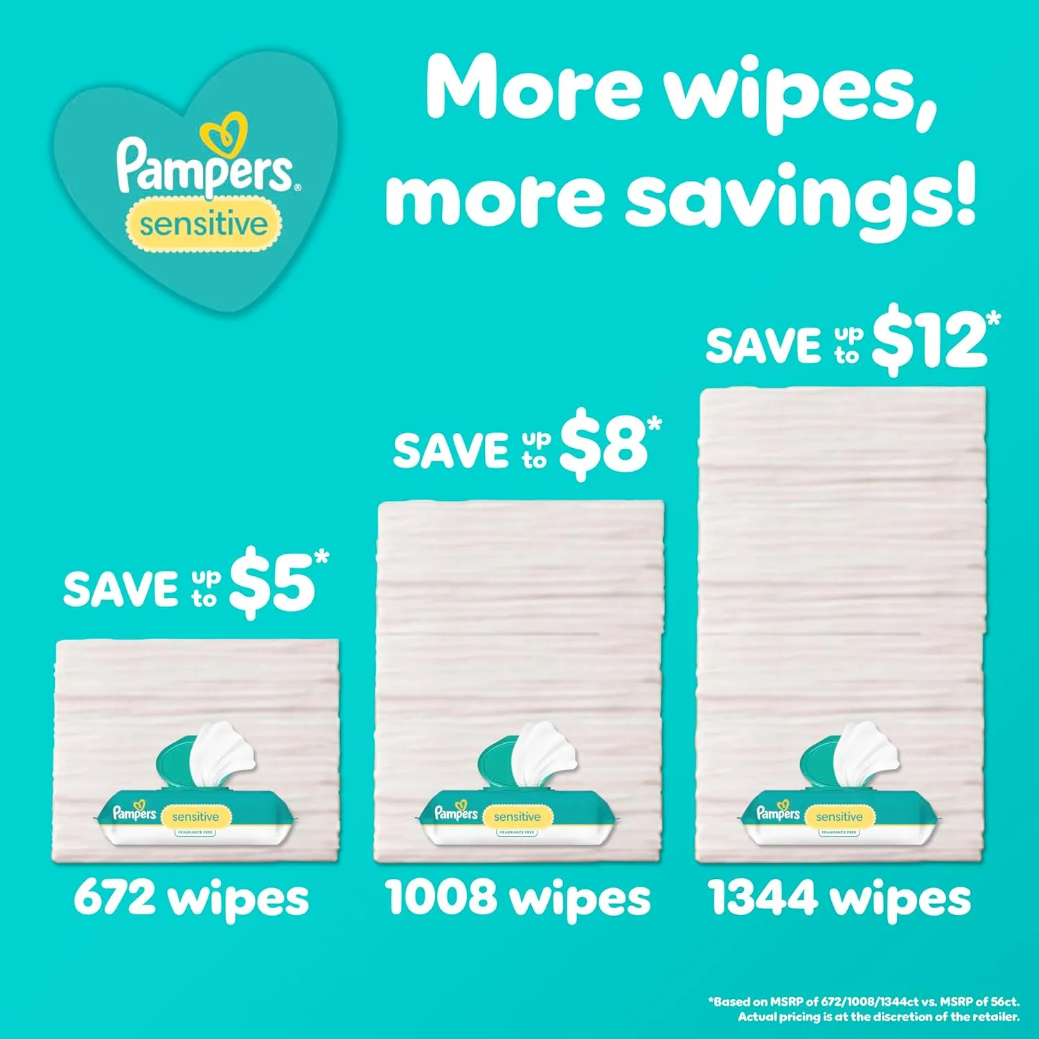 Pampers Baby Wipes Sensitive, Water Based Baby Wipes, Hypoallergenic and Unscented Baby Wipes, 504 Wipes Total (6 Flip-Top Packs)