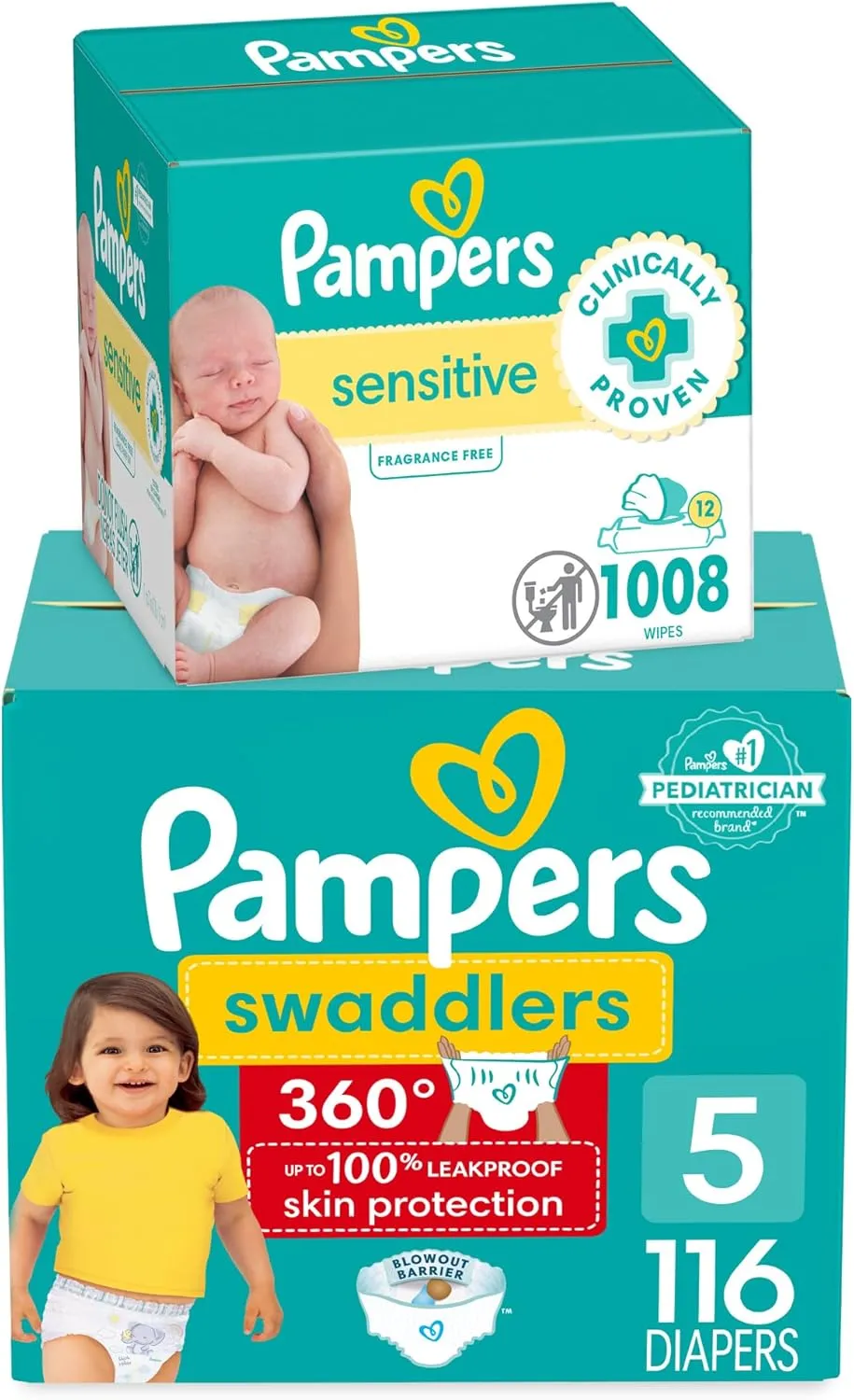 Pampers Swaddlers 360 Pull-On Diapers, Size 5, 116 Count, with Sensitive Water Based Baby Wipes 12 Flip-Top Packs (1008 Wipes Total)