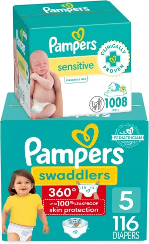 Pampers Swaddlers 360 Pull-On Diapers, Size 5, 116 Count, with Sensitive Water Based Baby Wipes 12 Flip-Top Packs (1008 Wipes Total)