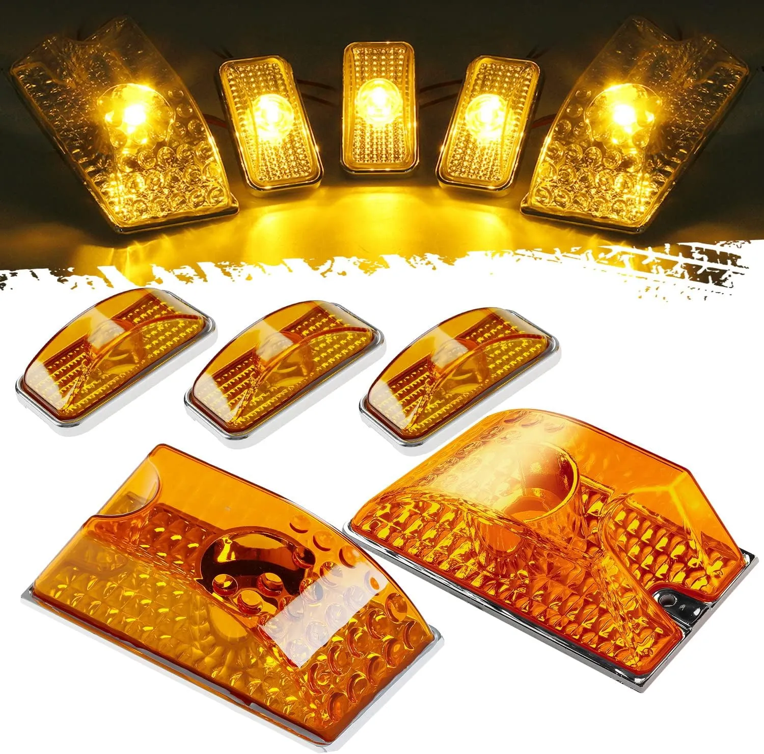 Partsam 5pcs Cab Marker Roof Running Top Lights 264160AM Front Amber Lens Crystal Chrome Waterproof   T10 194 168 W5W 2825 Yellow Halogen Bulbs Compatible with Hummer H2 SUV SUT 2003-2009
