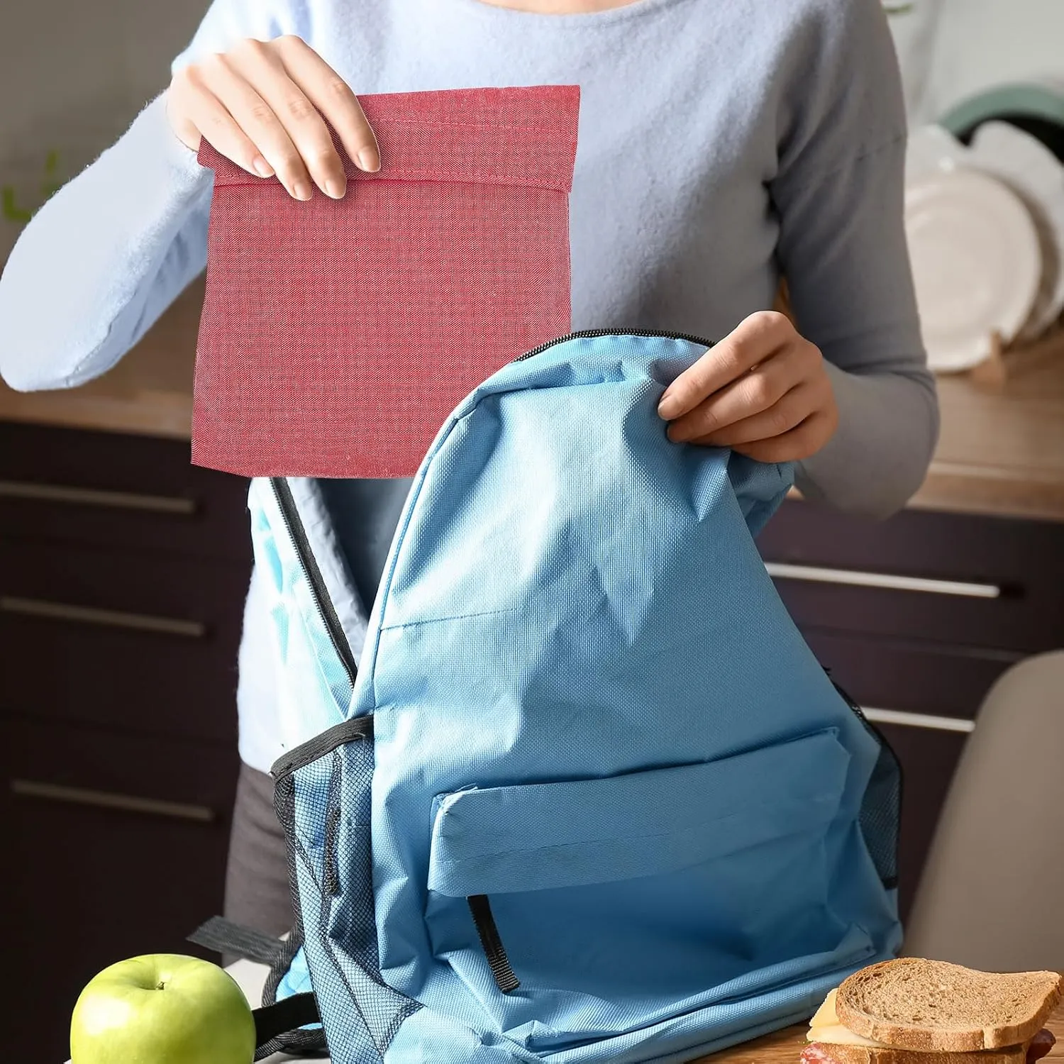 PATIKIL 7"x7" Reusable Snack Bag Sandwich Bag, 4 Pack Hook and Loop Fastener Flip Snack Sack Polyester Washable Portable, Fuchsia/Grey