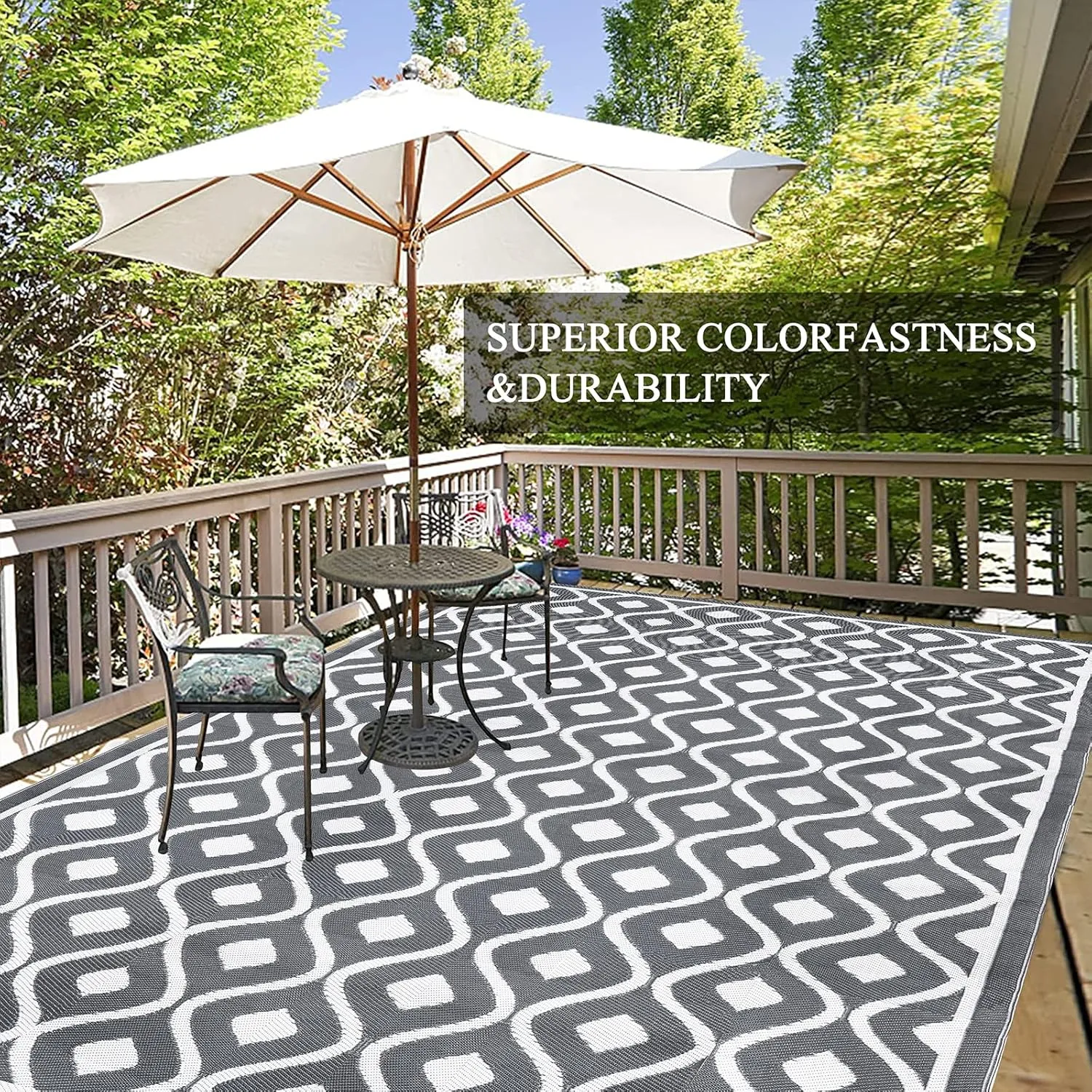 Pauwer Waterproof Outdoor Rug 8x10, Reversible Plastic Straw Patio Camping Rug, Indoor Outdoor RV Mat Carpet for Deck, Camper, Porch, Balcony, Backyard, Picnic, Geometric Grey
