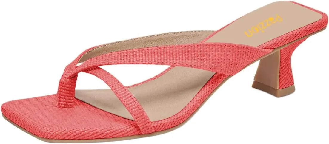 Pazzion Women Open Square Toe Kitten Heel Flip Flop Sandals Slip On Low Heeled Slippers Daily Indoor Shopping Shoes Size 4-16 US