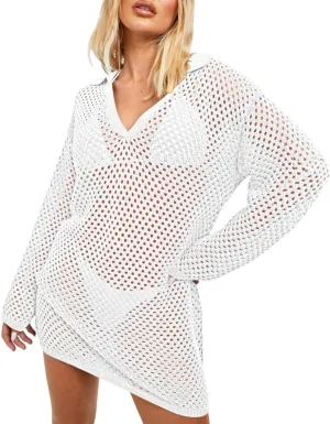 Pink Queen Crochet Swimsuit Cover Up for Women 2025 Sexy Hollow Out Bikini Bathing Suit Coverup Knit Beach Swimwear Dress