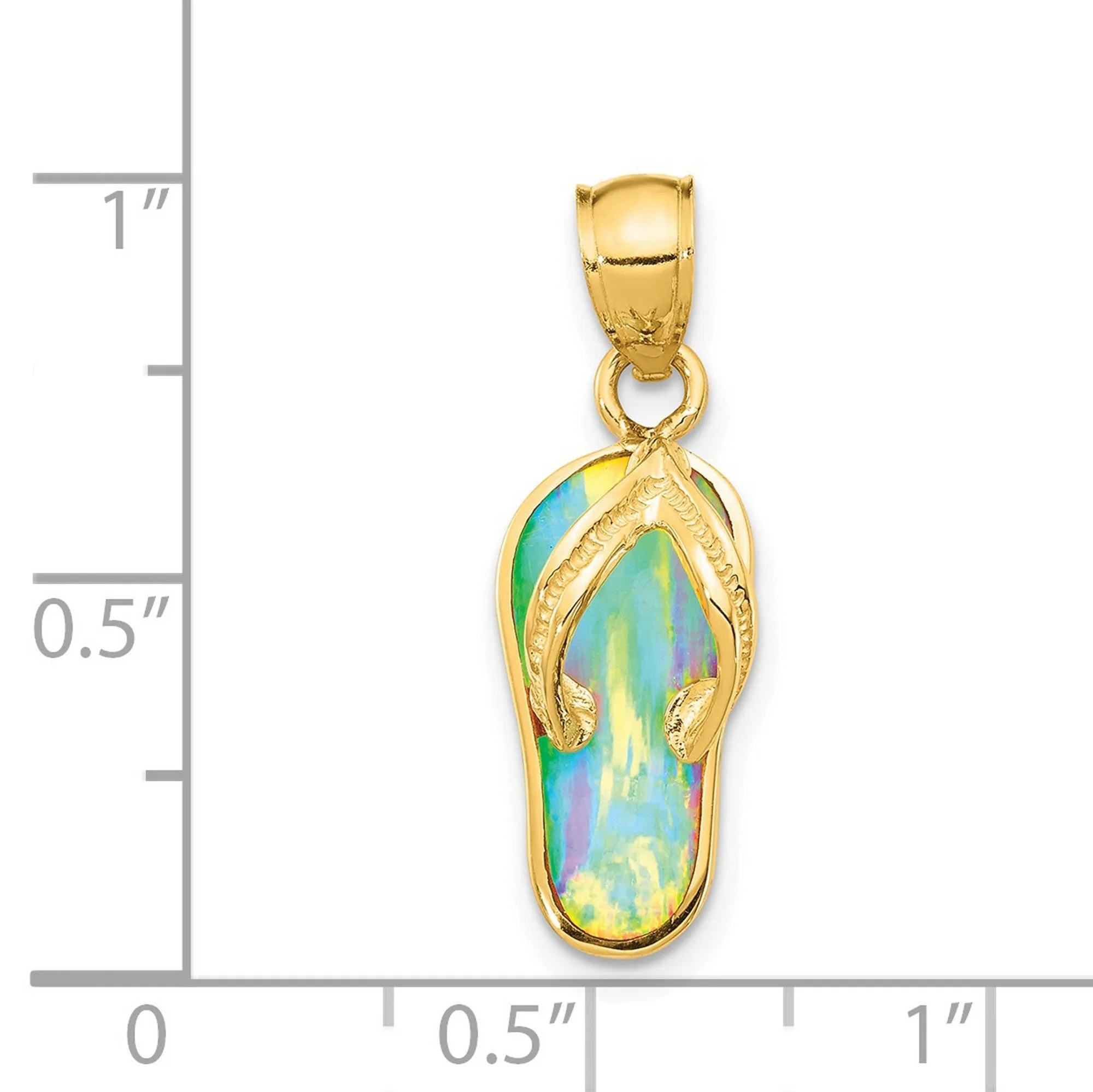 Polished Created White Opal Flip Flop Charm Pendant in Real 14k Yellow Gold
