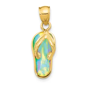 Polished Created White Opal Flip Flop Charm Pendant in Real 14k Yellow Gold