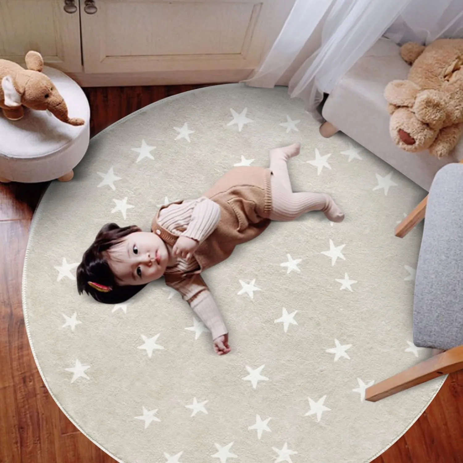 Poowe Stars Round Rug for Kids Room - 4 FT Alphabet Super Soft Non Slip Nursery Bedroom Playroom Washable Classroom Circle Rug - Beige