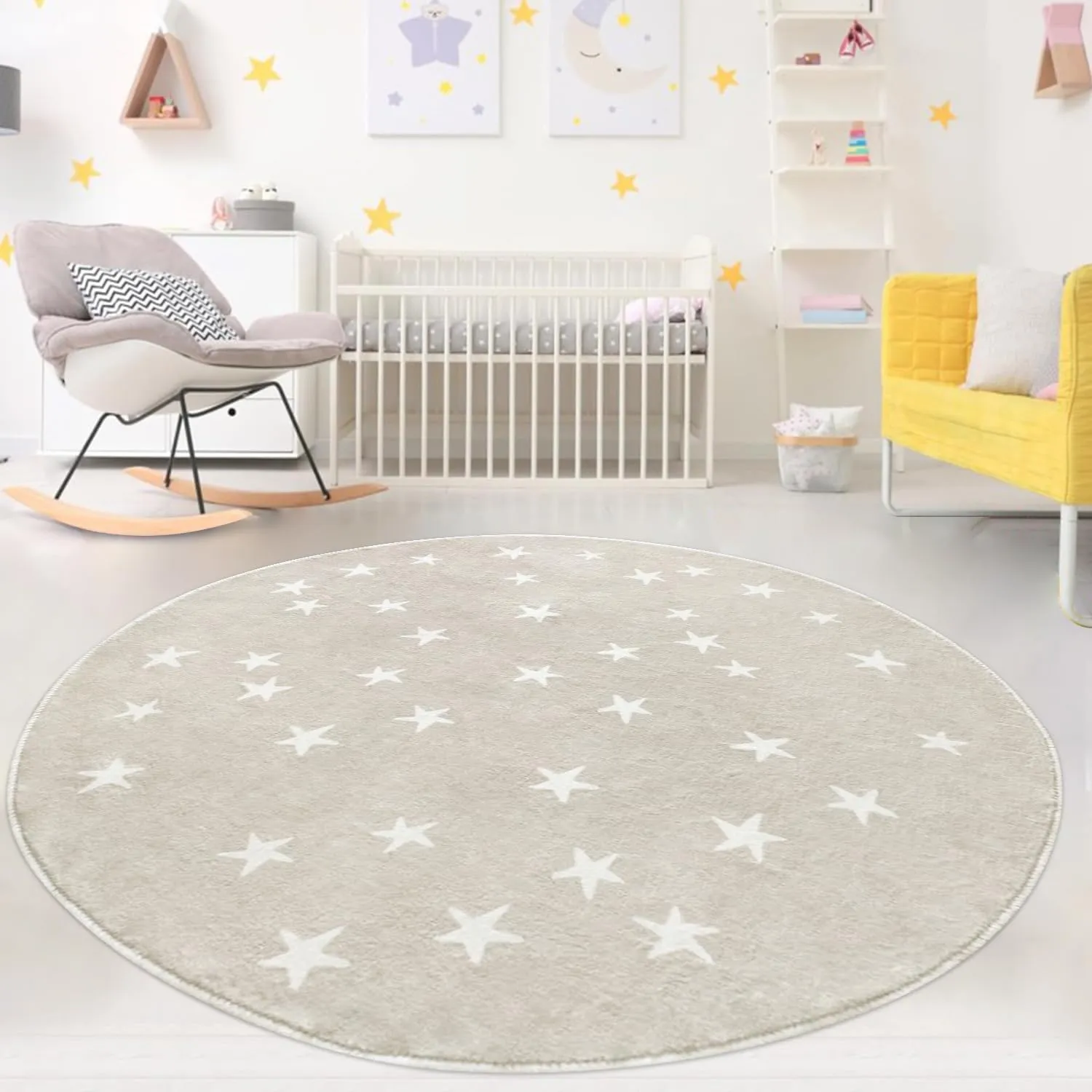 Poowe Stars Round Rug for Kids Room - 4 FT Alphabet Super Soft Non Slip Nursery Bedroom Playroom Washable Classroom Circle Rug - Beige