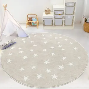 Poowe Stars Round Rug for Kids Room - 4 FT Alphabet Super Soft Non Slip Nursery Bedroom Playroom Washable Classroom Circle Rug - Beige