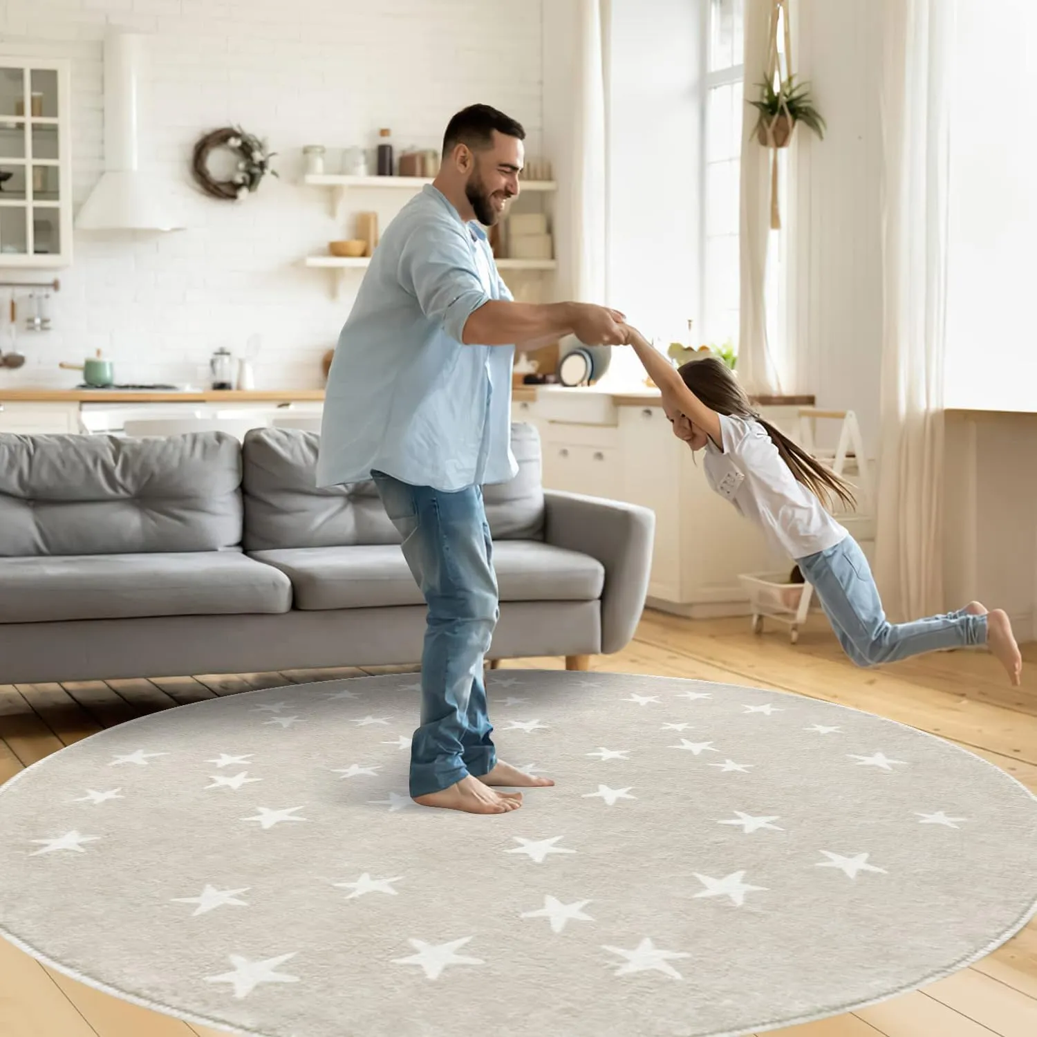 Poowe Stars Round Rug for Kids Room - 4 FT Alphabet Super Soft Non Slip Nursery Bedroom Playroom Washable Classroom Circle Rug - Beige