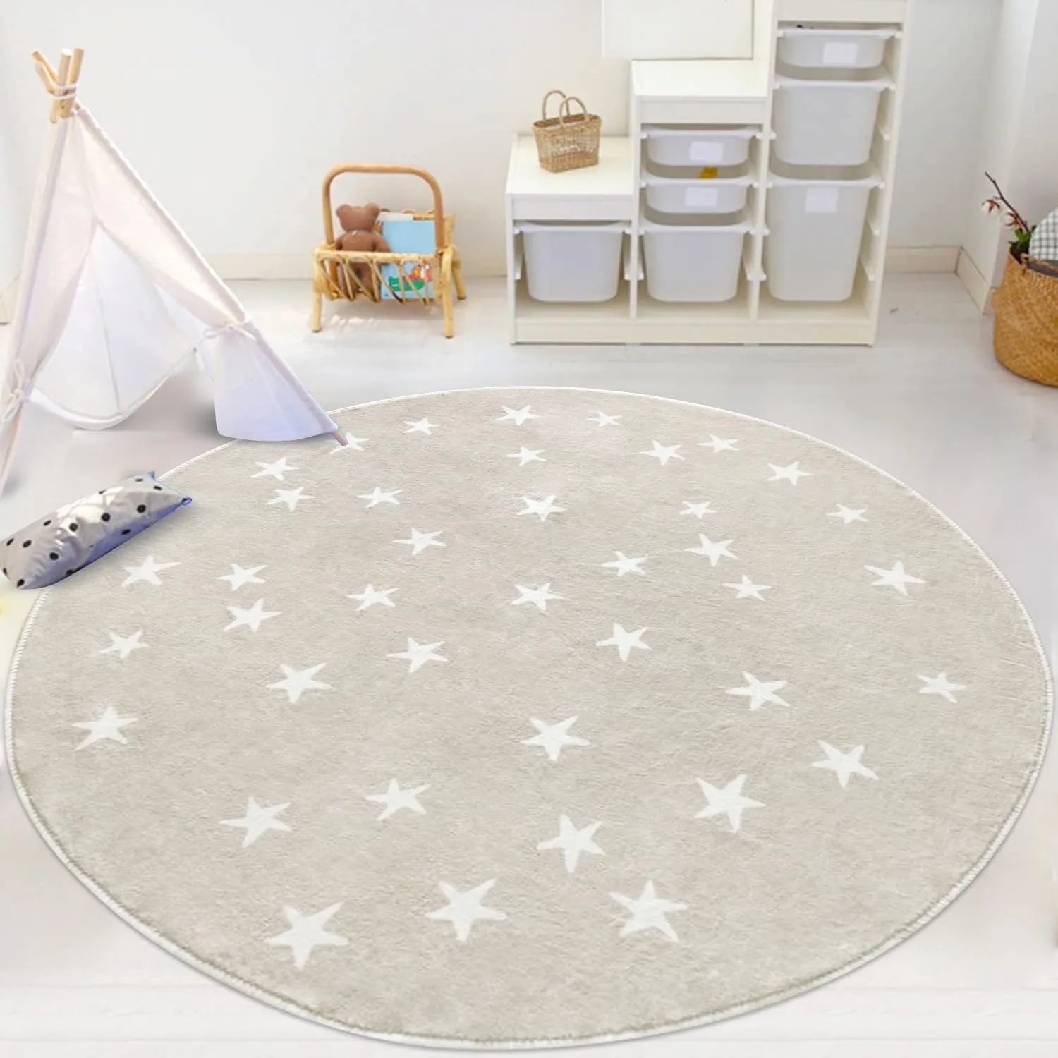 Poowe Stars Round Rug for Kids Room - 4 FT Alphabet Super Soft Non Slip Nursery Bedroom Playroom Washable Classroom Circle Rug - Beige
