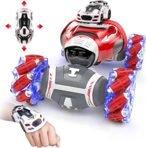 Powerextra 2024 New Remote Control Car, 1:12 Gesture Control Rc Stunt Car with Light & Music, 4WD Transform Off Road Double Side 360° Rotating Glove Racing Toy Car, 90  Mins Play Car
