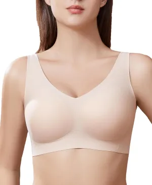 PRETTYWELL Wireless Bras for Women No Underwire Comfort Seamless Smoothing Bra Lift V Neck Padded Full Coverage Everyday Bra