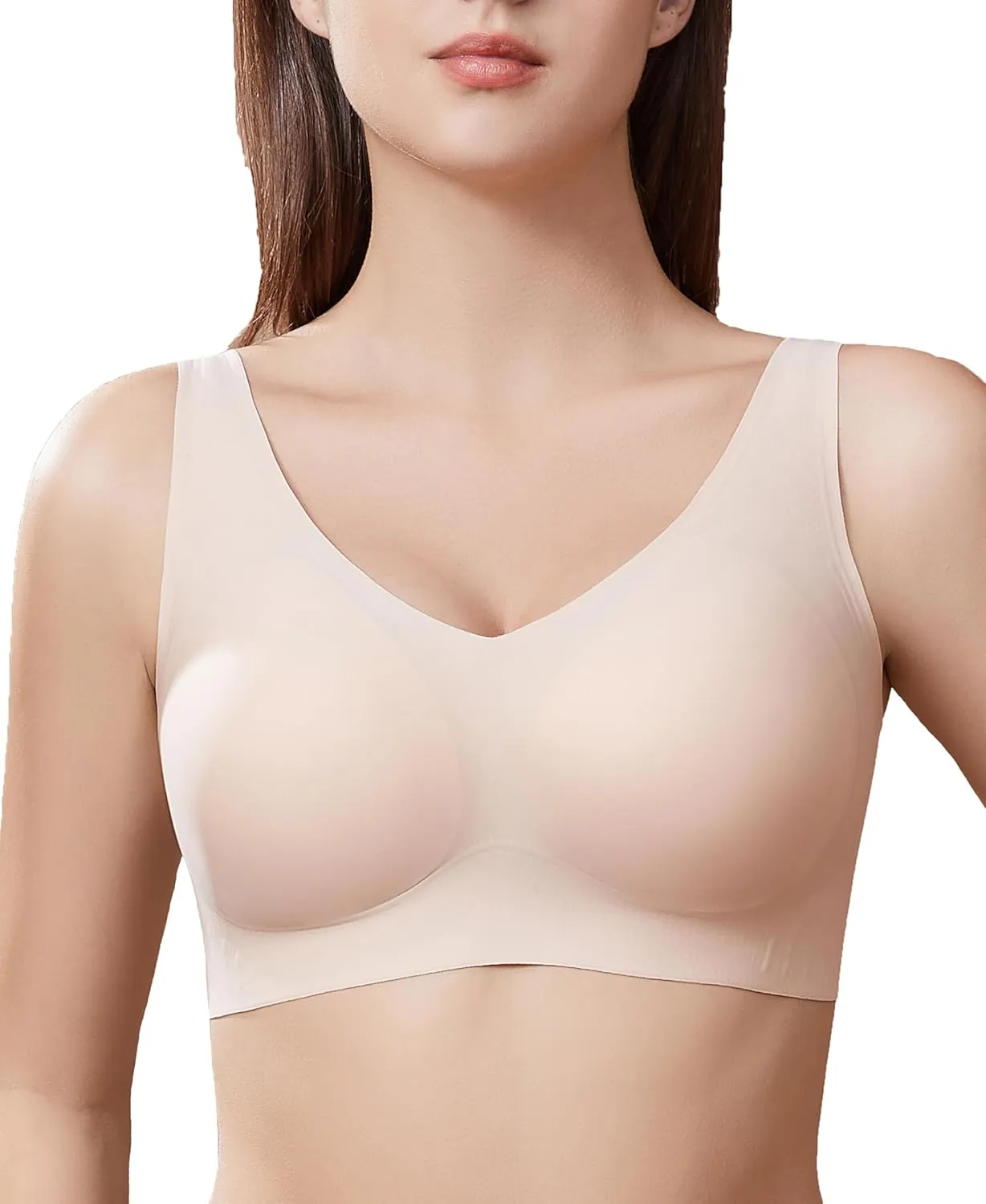 PRETTYWELL Wireless Bras for Women No Underwire Comfort Seamless Smoothing Bra Lift V Neck Padded Full Coverage Everyday Bra
