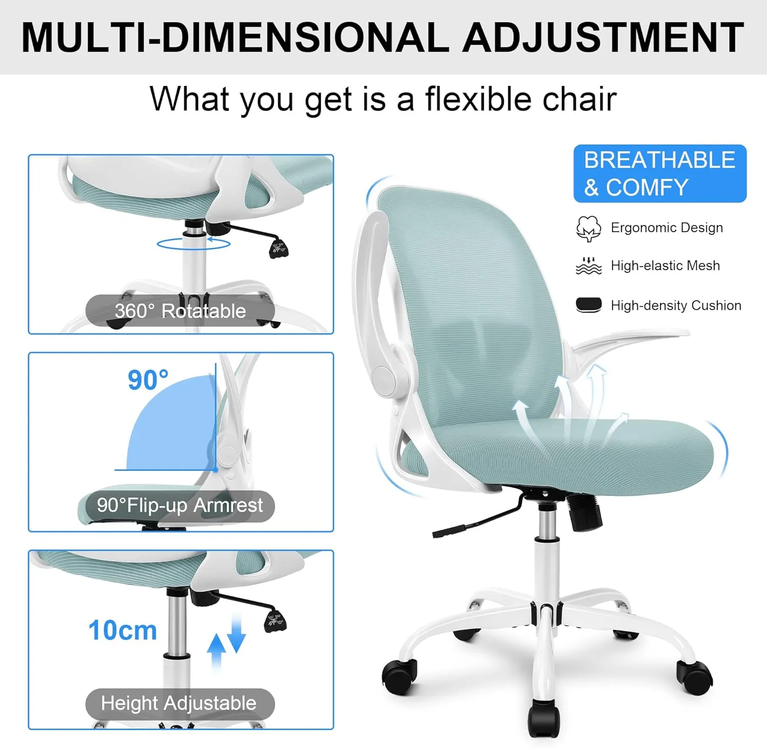 Primy Office Chair Ergonomic Desk Chair with Adjustable Lumbar Support and Height, Swivel Breathable Desk Mesh Computer Chair with Flip up Armrests for Conference Room（Light Blue）
