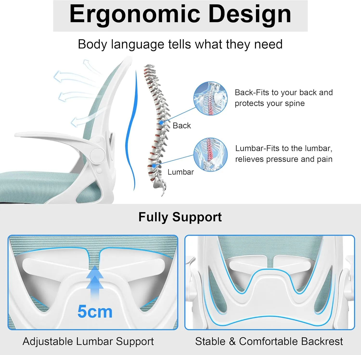 Primy Office Chair Ergonomic Desk Chair with Adjustable Lumbar Support and Height, Swivel Breathable Desk Mesh Computer Chair with Flip up Armrests for Conference Room（Light Blue）