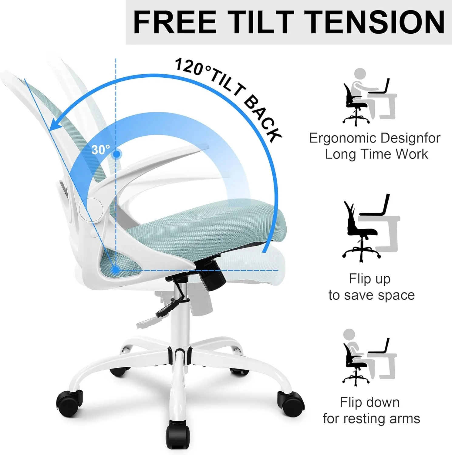 Primy Office Chair Ergonomic Desk Chair with Adjustable Lumbar Support and Height, Swivel Breathable Desk Mesh Computer Chair with Flip up Armrests for Conference Room（Light Blue）