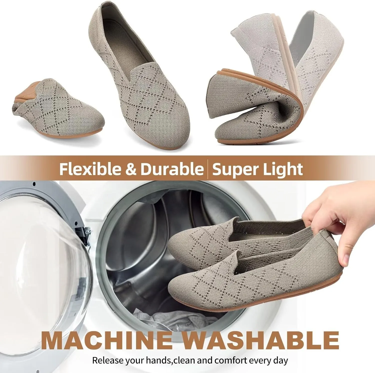 Puxowe Ballet Flats for Women - Stretch Knit Slip-On Low Wedge Shoes, Soft Round Toe Design for Office, Travel & Daily Walking