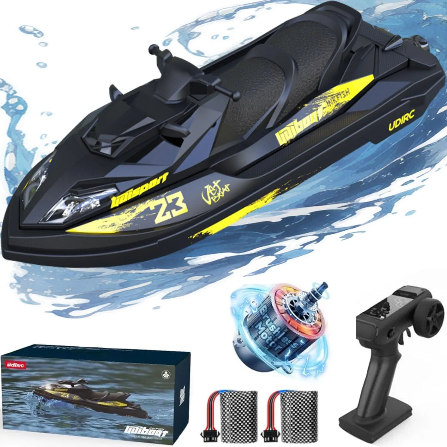 RC Turbo Jet Boat 25 KPH Brushless, 2.4GHz Adult RC Jet Ski, RC Boat for Pools, Lakes and Rivers with 2 Batteries, LED Light, Low Battery Alarm