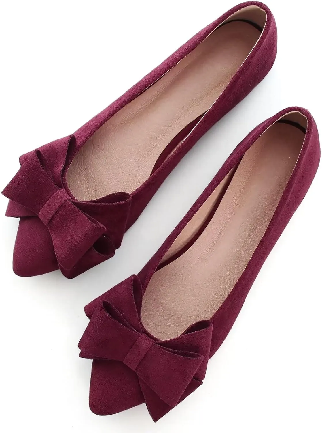 SAILING LU Bowknot Ballet Flats Womens Pointy Toe Casual Flat Shoes Suede Dress Shoes Wear to Work Slip On Moccasins