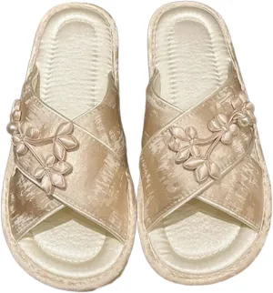 Satin Cross-Strap Slippers for Women Retro Flip-Flops Flower Decor Satin Upper Soft TPR Anti-Slip Soles Indoor Outdoor Slippers
